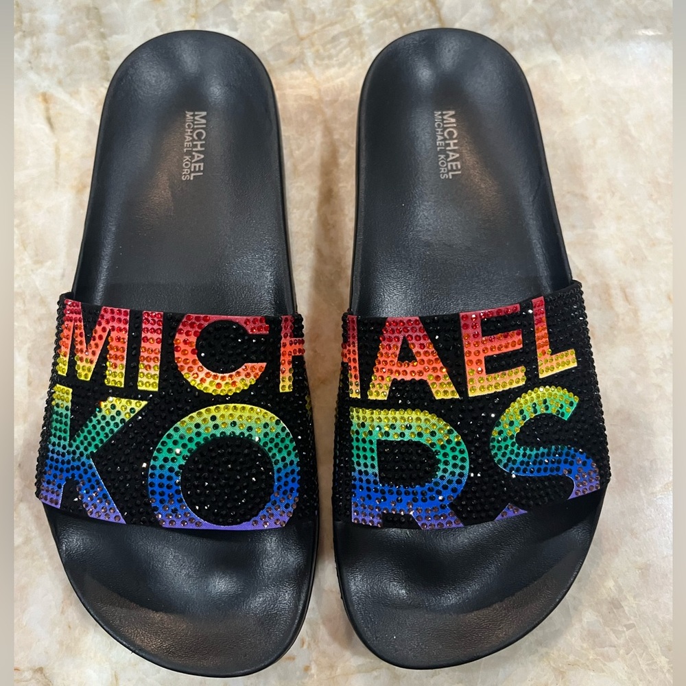 Michael Kors Gilmore Black Multicolor Crystal MK Logo Slides. New